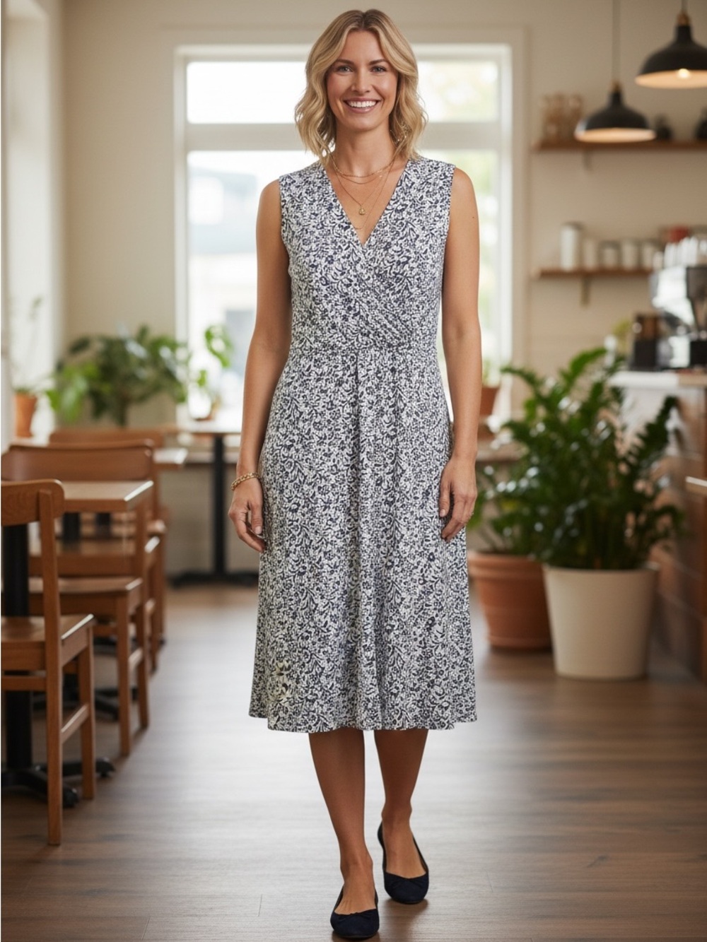 Banana Republic Navy and White Sleeveless V-Neck Midi Dress size M